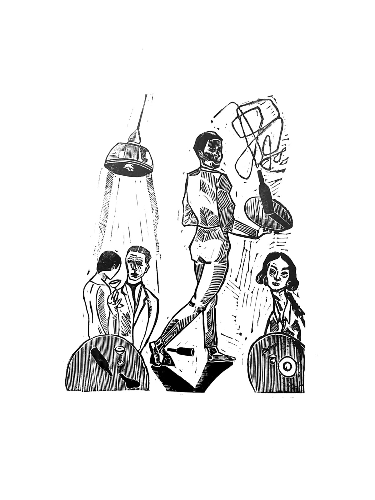 Linocut print Self-portrait as a waiter by Sylwia Zawiślak, And when the crisis series, contemporary printmaking