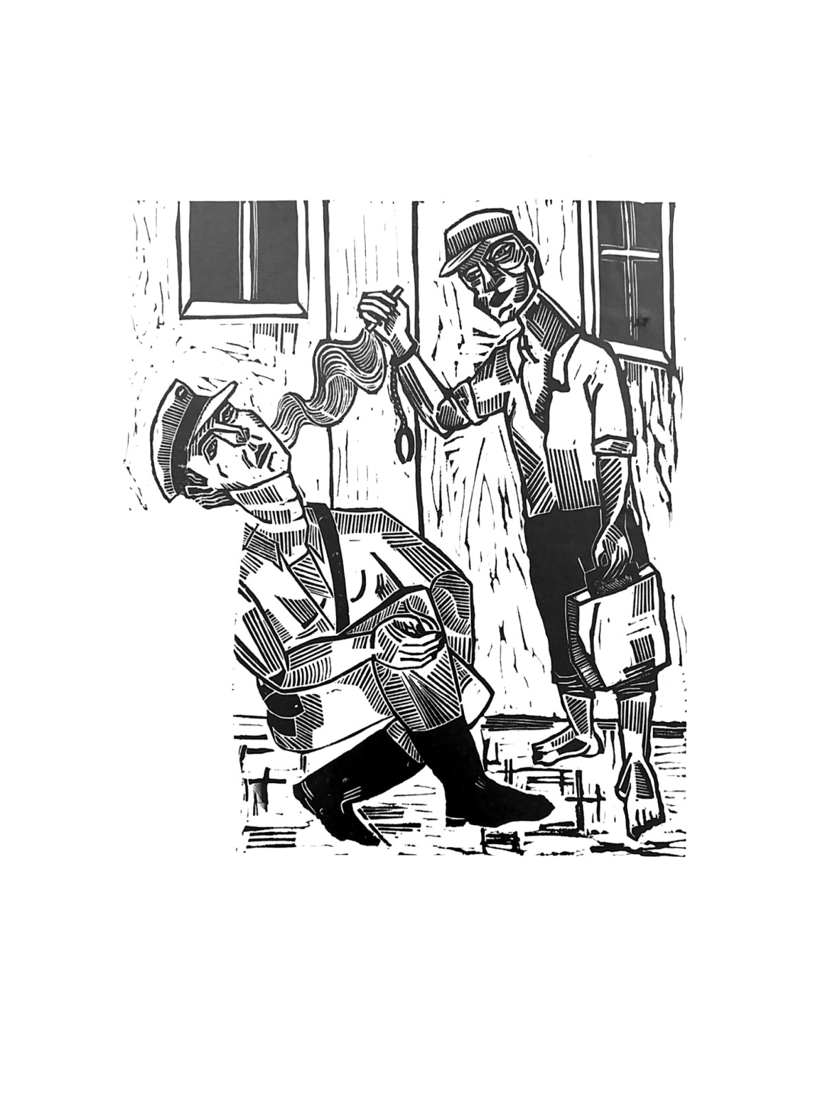 Linocut print Self-portrait as a policeman by Sylwia Zawiślak, And when the crisis series, contemporary printmaking