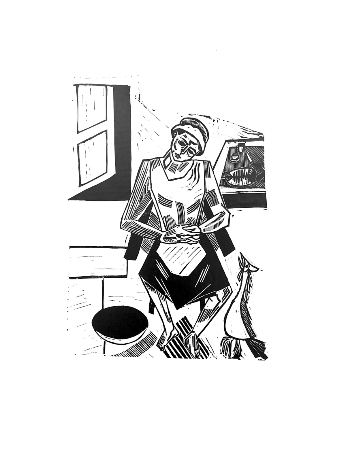 Linocut print Self-portrait as a servant by Sylwia Zawiślak, And when the crisis series, contemporary printmaking