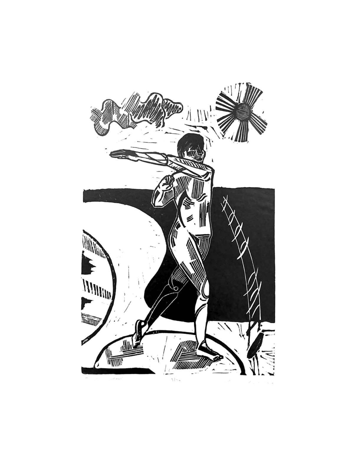 Linocut print Self-portrait as a athlete by Sylwia Zawiślak, And when the crisis series, contemporary printmaking