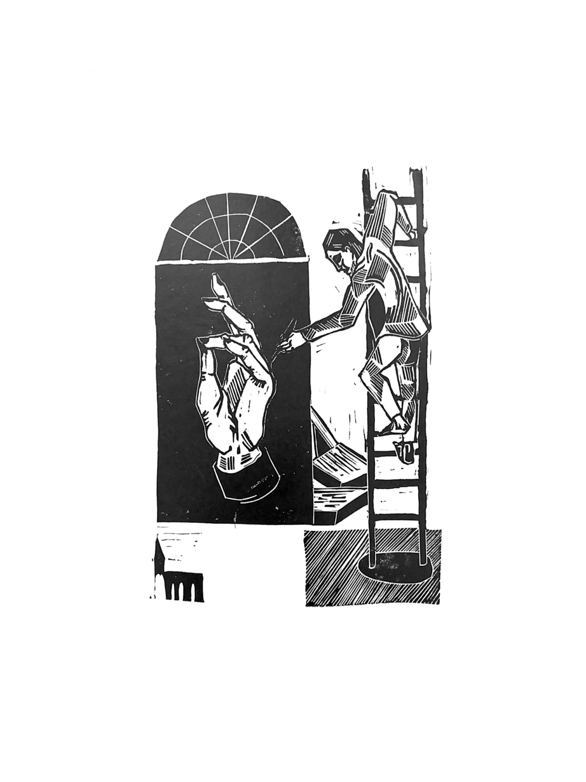 Linocut print Self-portrait as a room painter by Sylwia Zawiślak, And when the crisis series, contemporary printmaking