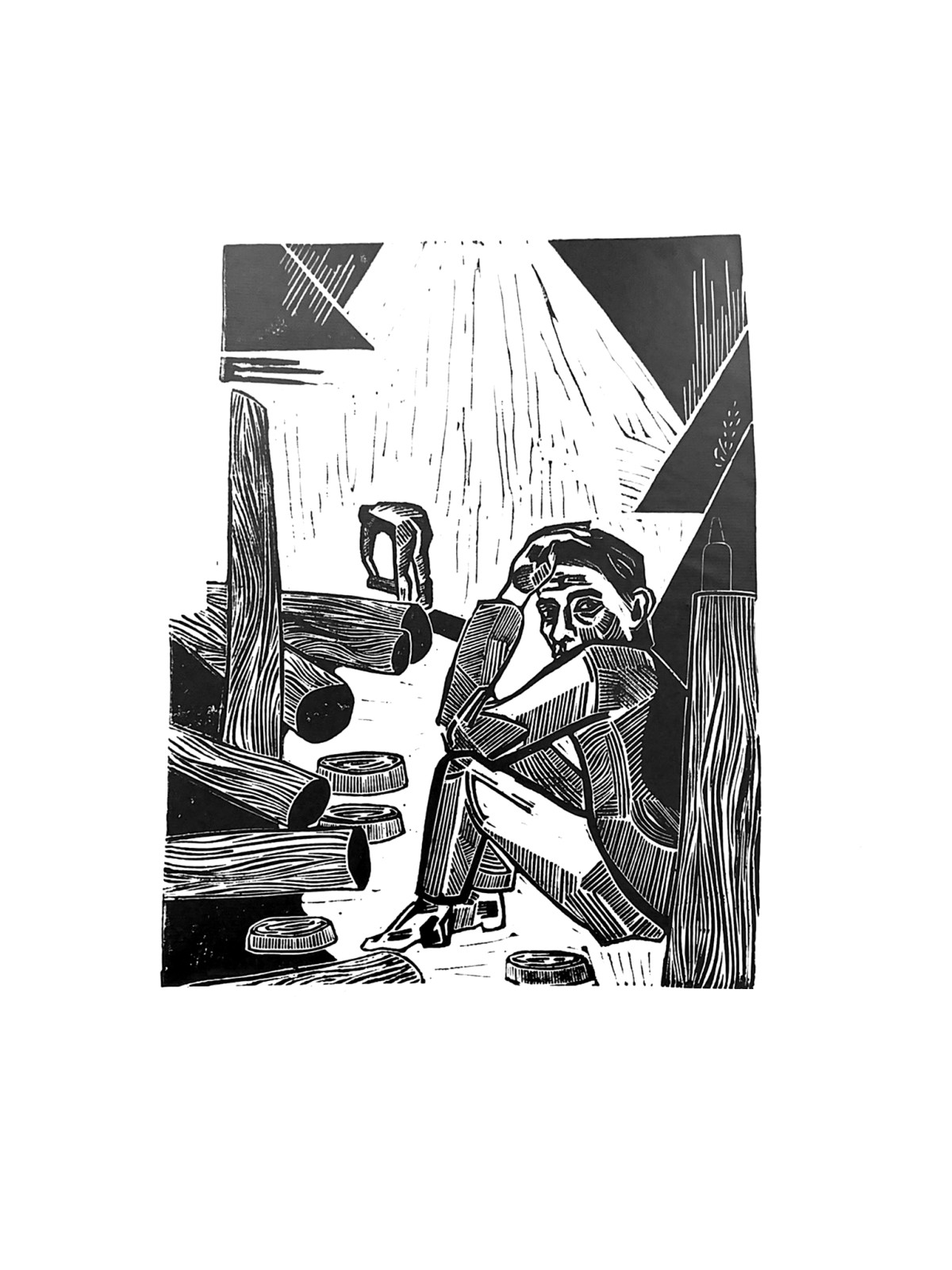 Linocut print Self-portrait as a forester by Sylwia Zawiślak, And when the crisis series, contemporary printmaking