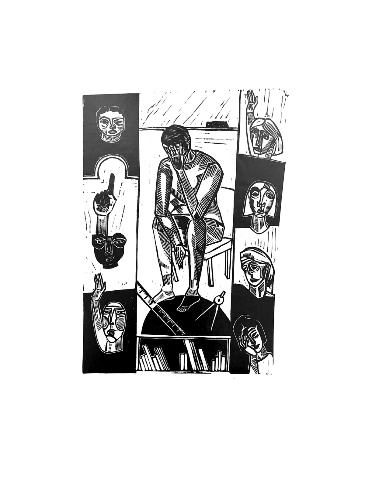 Linocut print Self-portrait as a teacher by Sylwia Zawiślak, And when the crisis series, contemporary printmaking