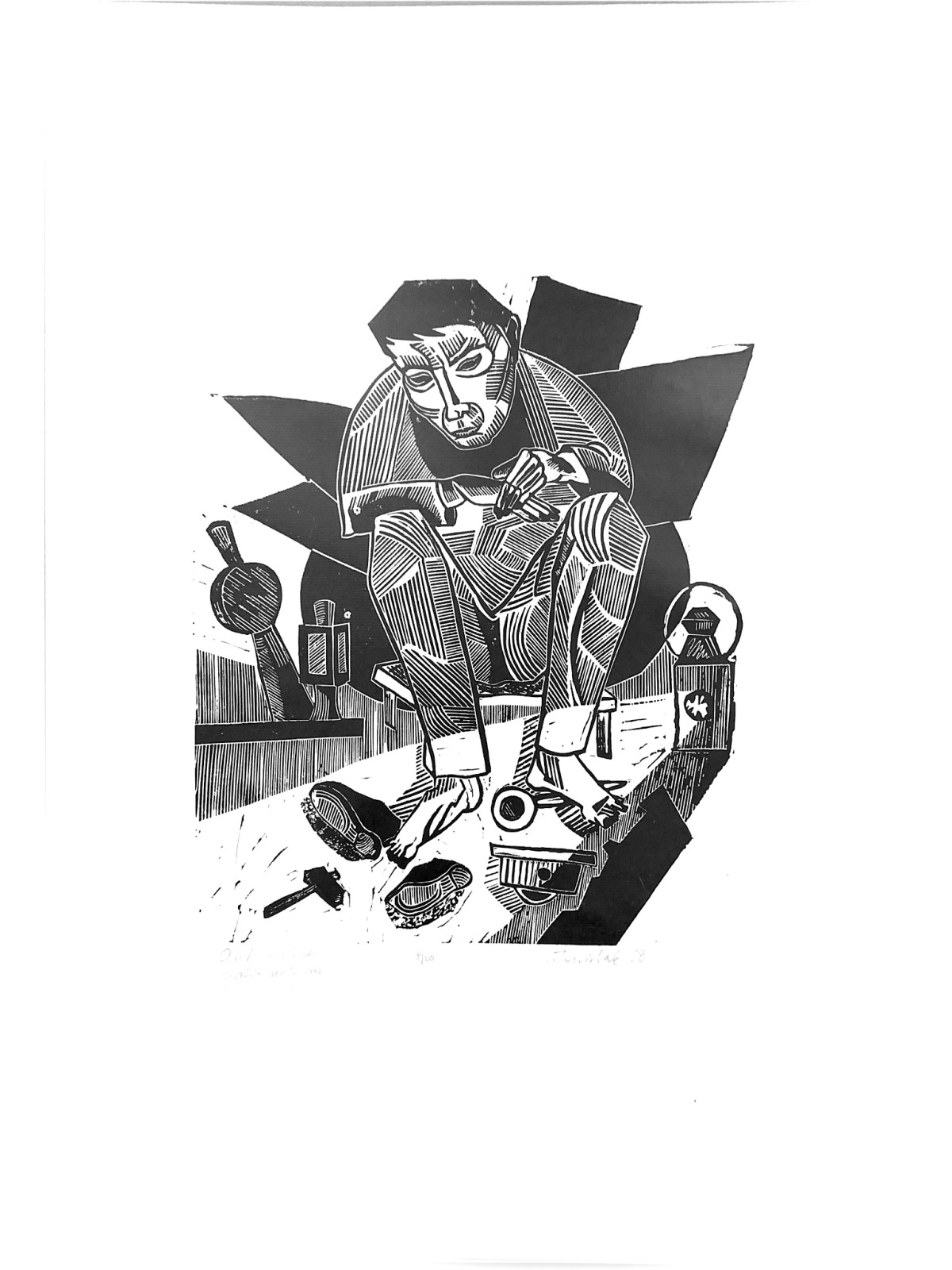 Linocut print Self-portrait as a railwayman by Sylwia Zawiślak, And when the crisis series, contemporary printmaking