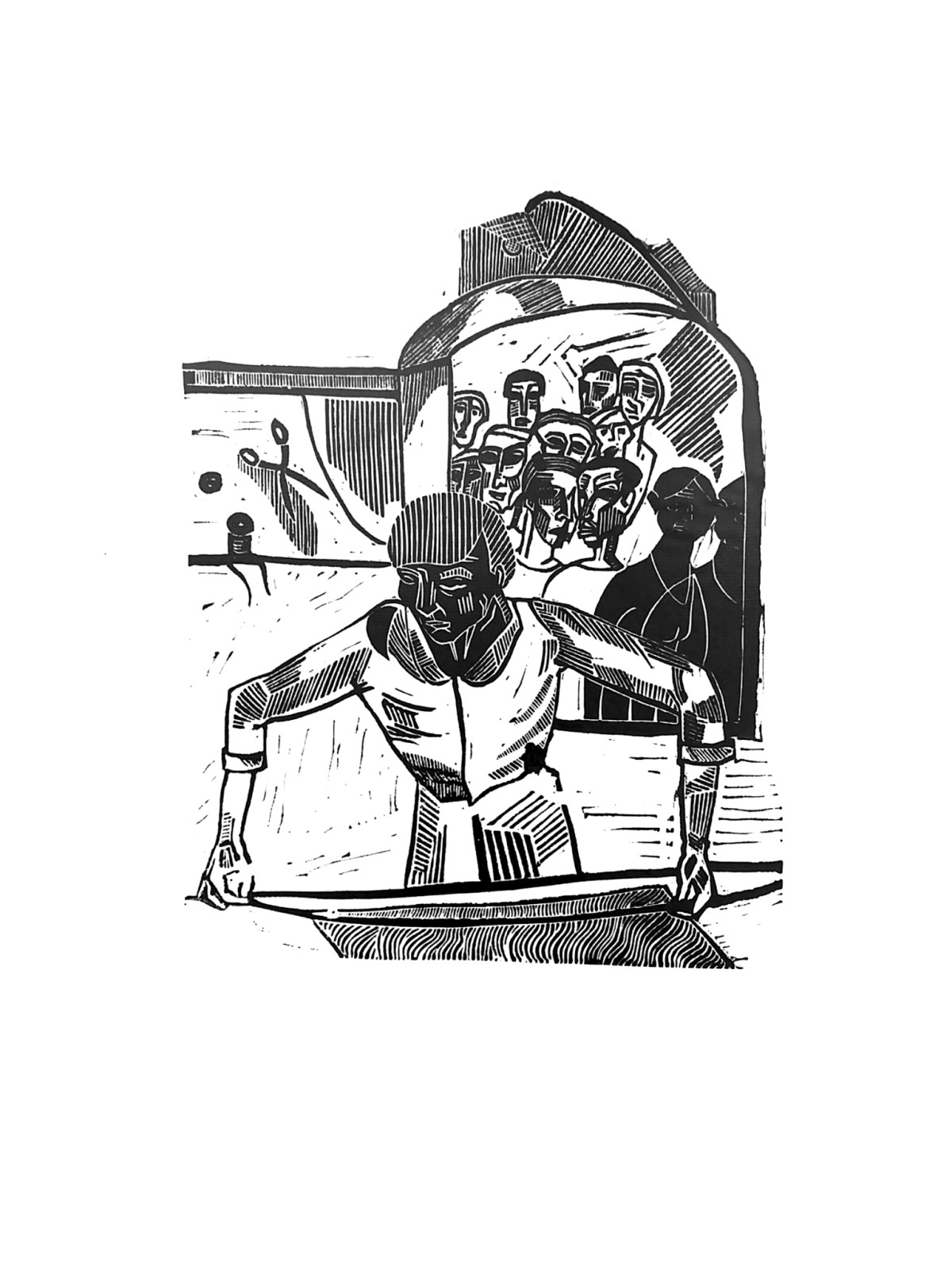 Linocut print Self-portrait as a tailor by Sylwia Zawiślak, And when the crisis series, contemporary printmaking