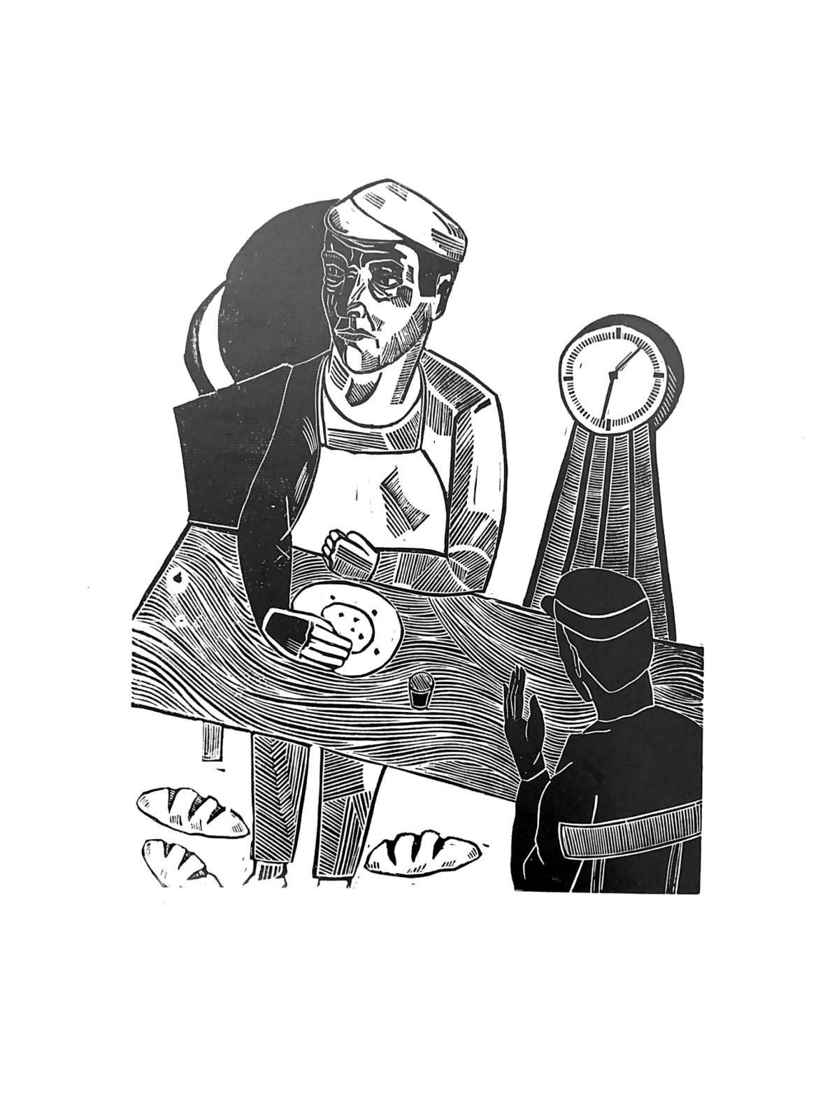 Linocut print Self-portrait as a baker by Sylwia Zawiślak, And when the crisis series, contemporary printmaking