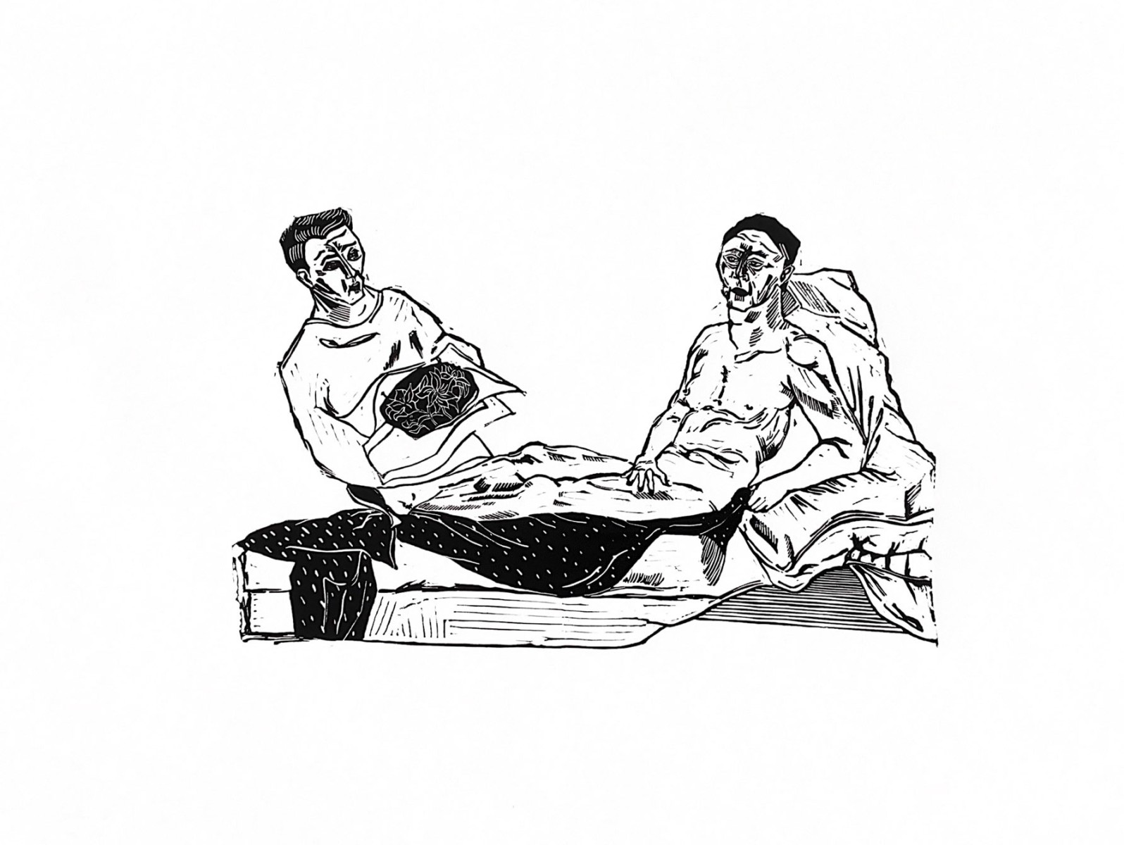 Linocut print The lesson of anatomy of sisterhood by Sylwia Zawiślak, Change series, contemporary printmaking