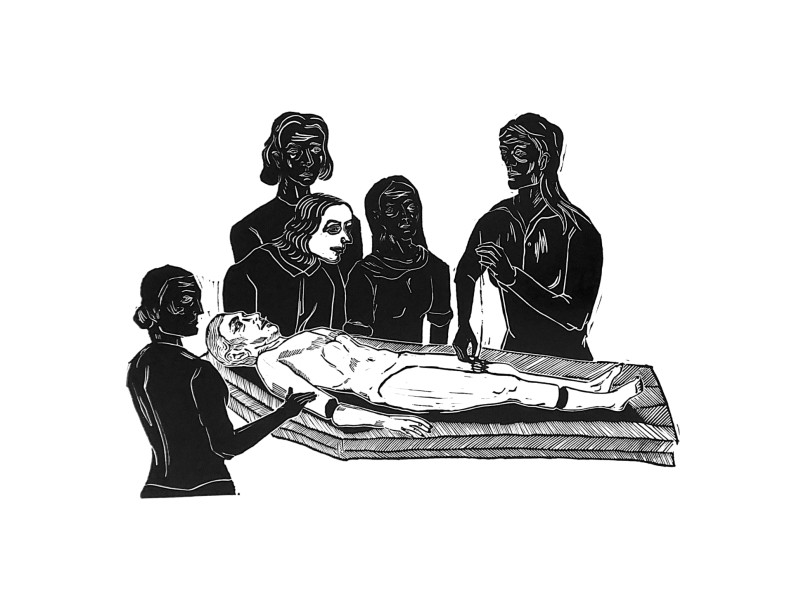 Linocut print The lesson of anatomy of sisterhood by Sylwia Zawiślak, Change series, contemporary printmaking