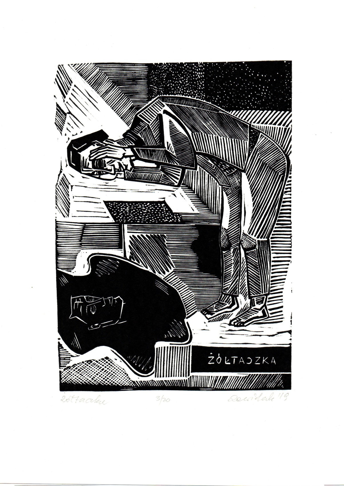 Linocut print Jaundice by Sylwia Zawiślak, Disease festival, contemporary printmaking