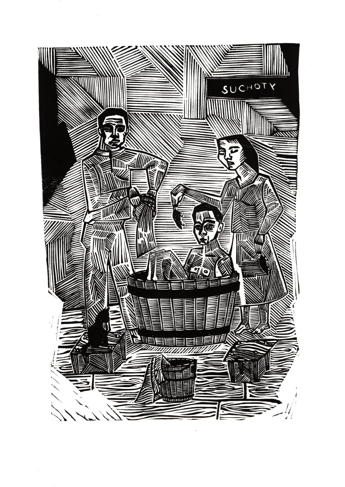 Linocut print The white death by Sylwia Zawiślak, Disease festival, contemporary printmaking