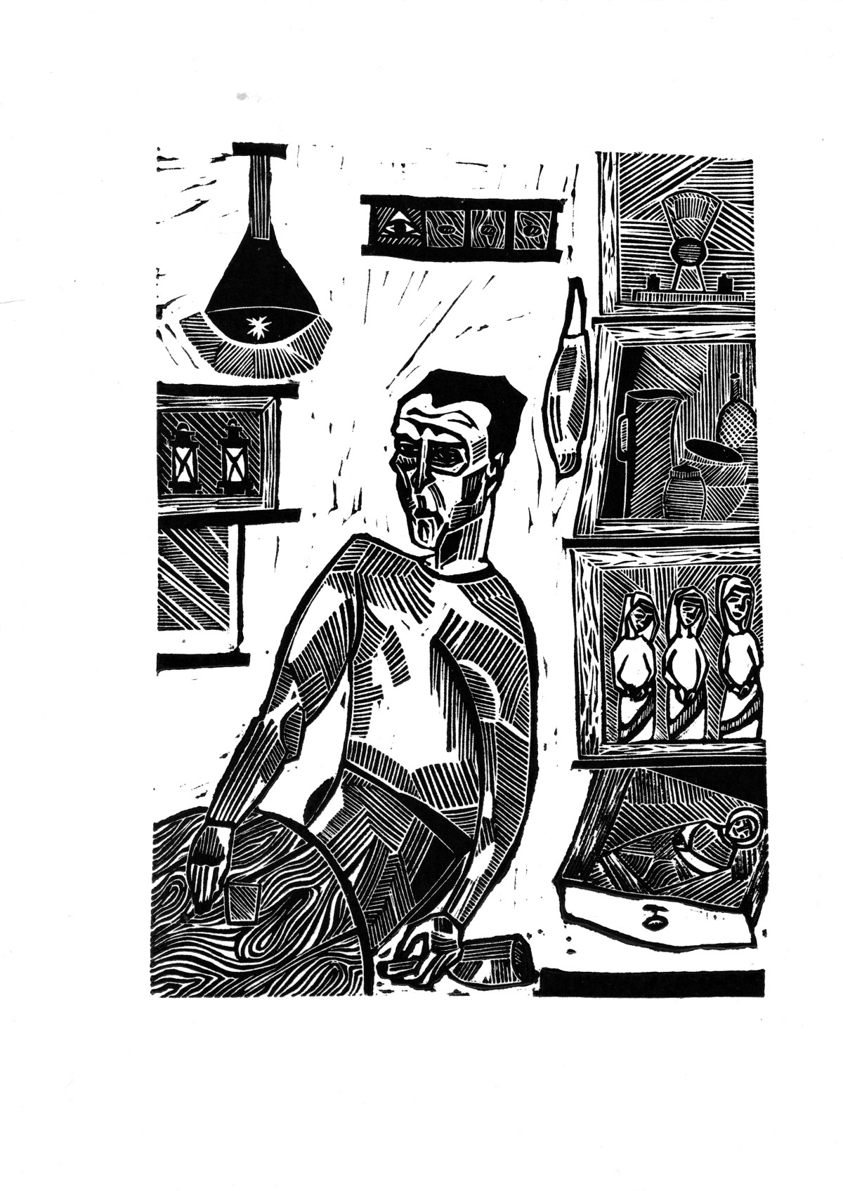 Linocut print The shopkeeper with  a dream by Sylwia Zawiślak, God, Your strength gives birth to madness, contemporary printmaking