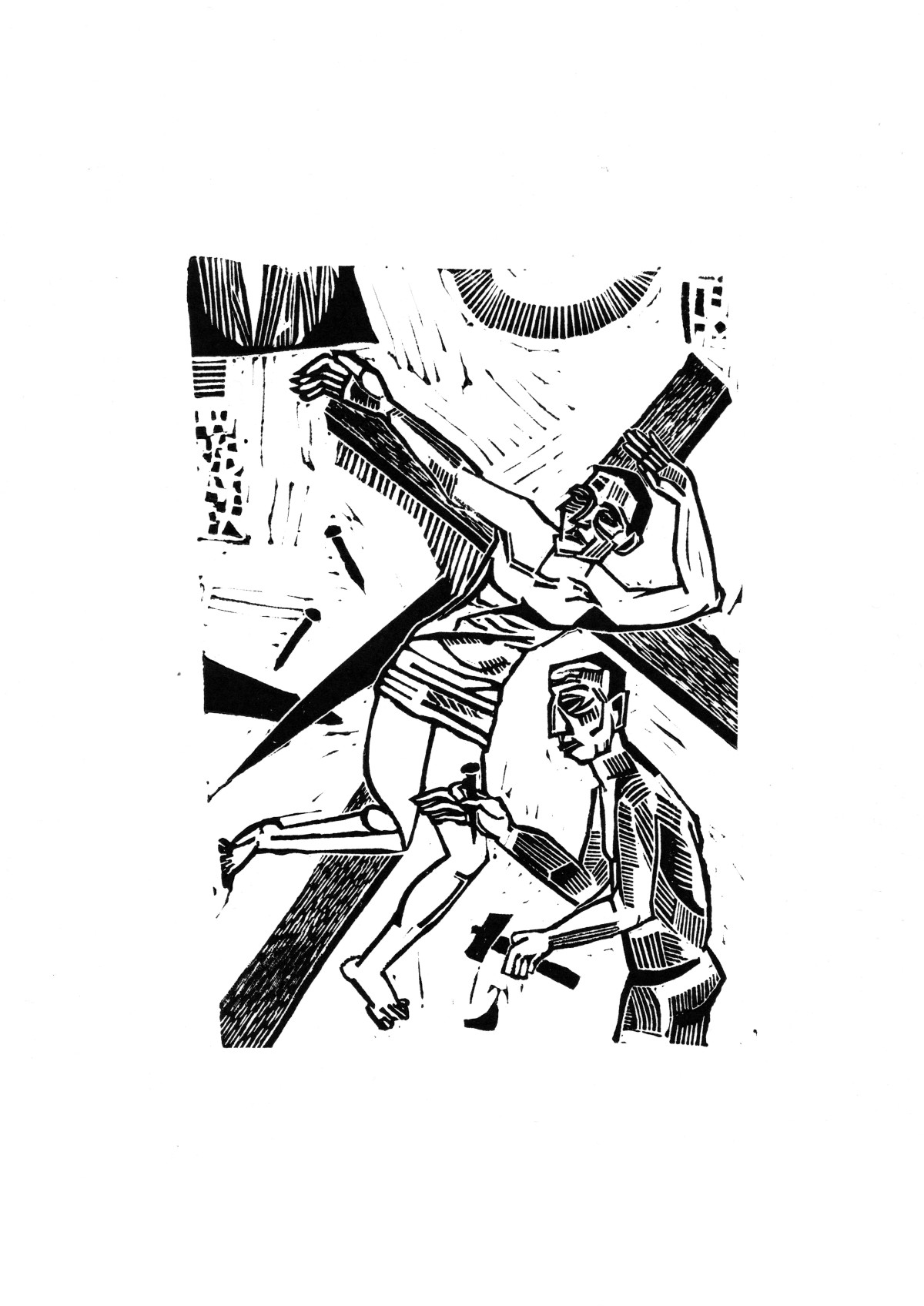 Linocut print Carpenter crucified neighbor by Sylwia Zawiślak, God, Your strength gives birth to madness, contemporary printmaking