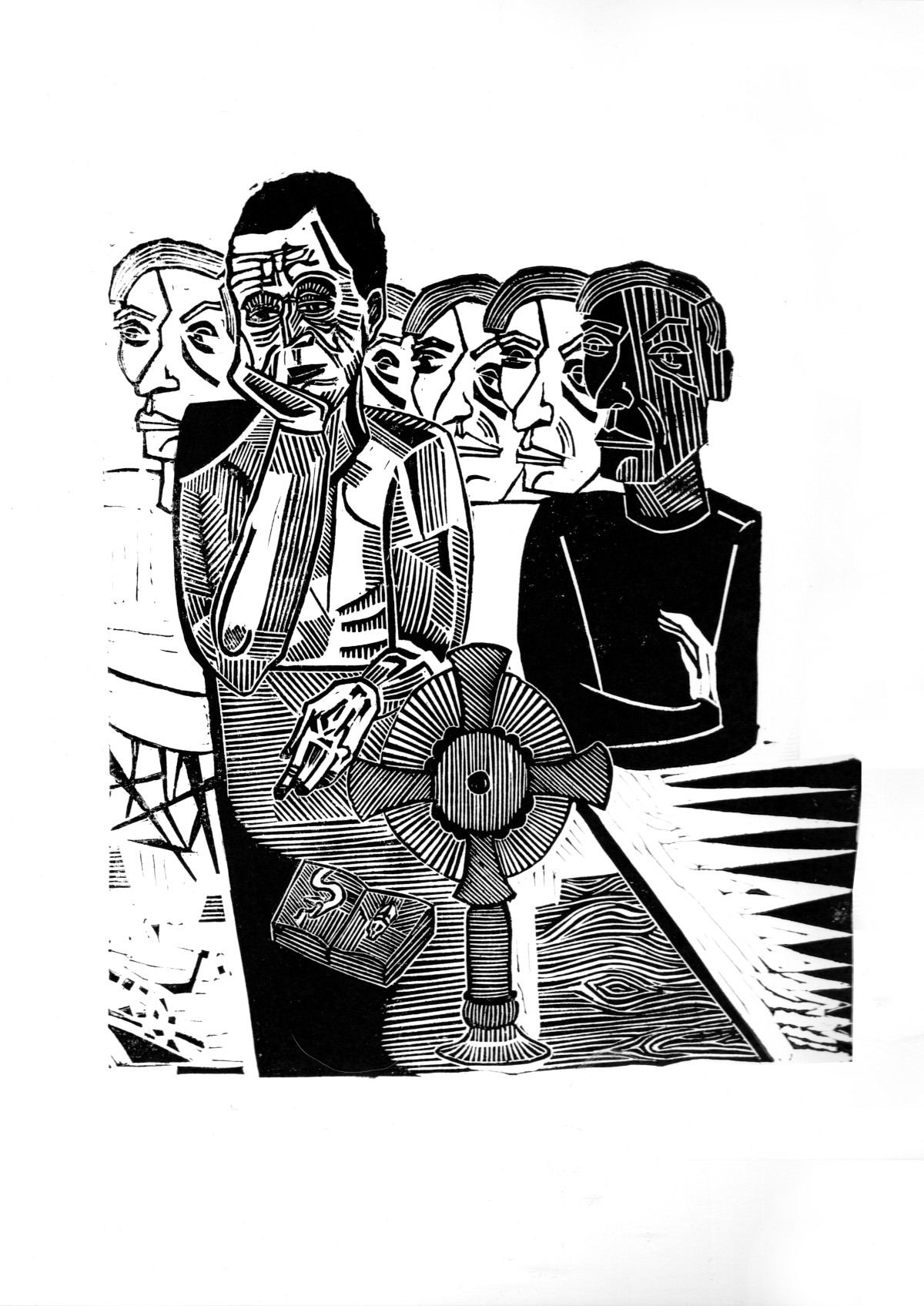 Linocut print The talking monstrance by Sylwia Zawiślak, God, Your strength gives birth to madness, contemporary printmaking