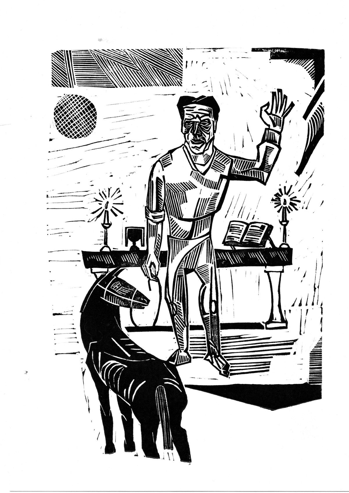 Linocut print The over-enthusiastic  horse buyer by Sylwia Zawiślak, God, Your strength gives birth to madness, contemporary printmaking