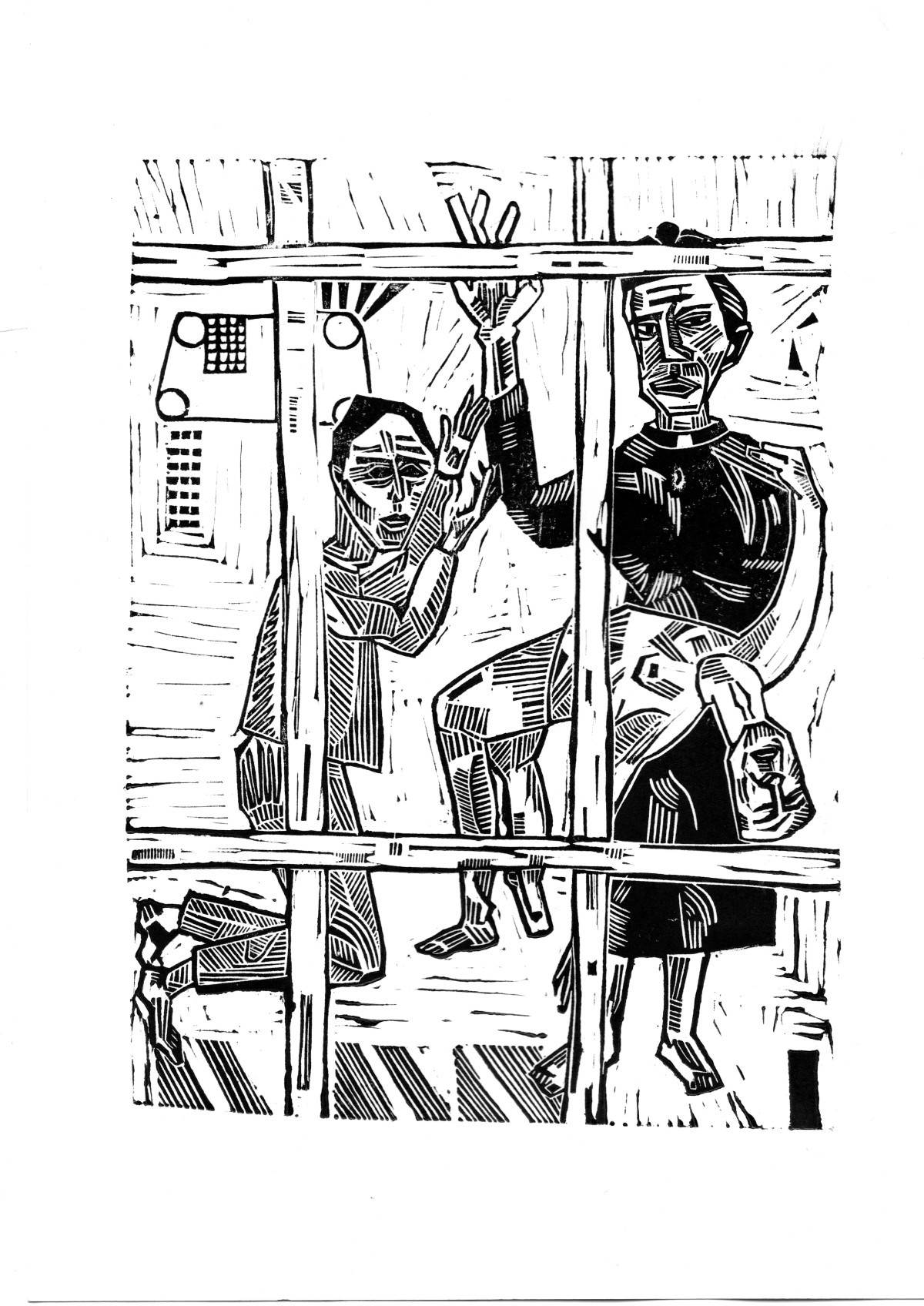 Linocut print The bishop from prison by Sylwia Zawiślak, God, Your strength gives birth to madness, contemporary printmaking