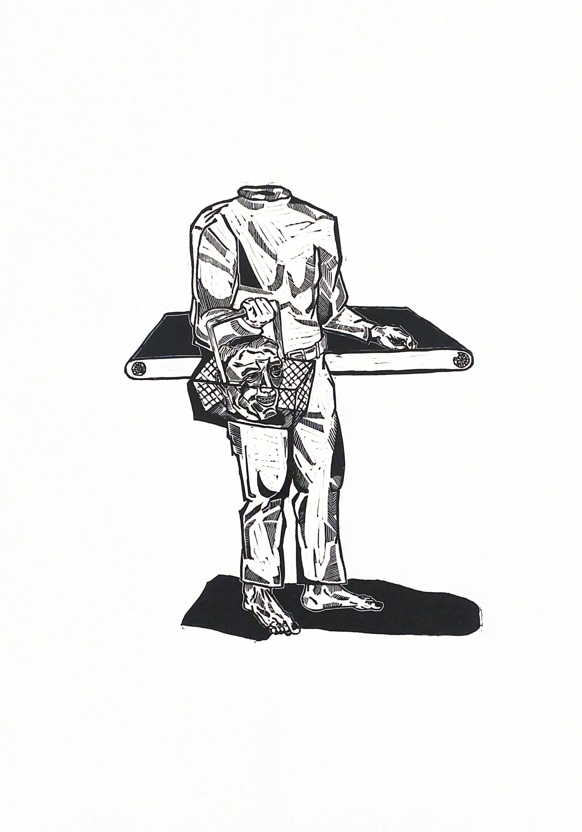 Linocut print Self-ironing by Sylwia Zawiślak, Heal yourself harder series, contemporary printmaking