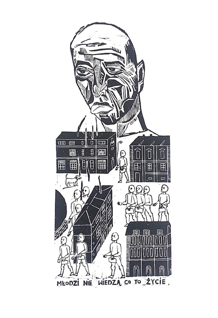 Linocut print Youngsters don't know how real life looks like by Sylwia Zawiślak, Neighbours series, contemporary printmaking