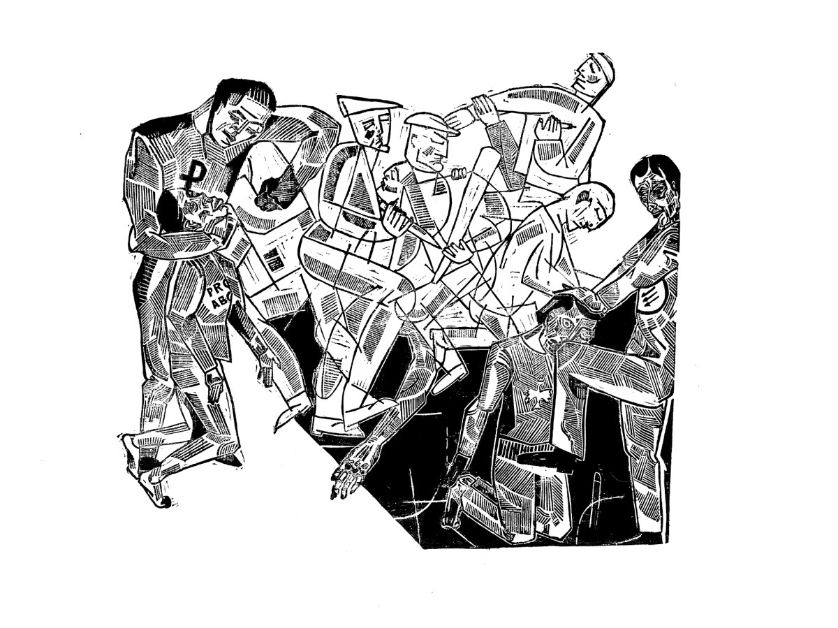 Linocut print Polish people fighting with polish people for pure polishness by Sylwia Zawiślak, Neighbours series, contemporary printmaking