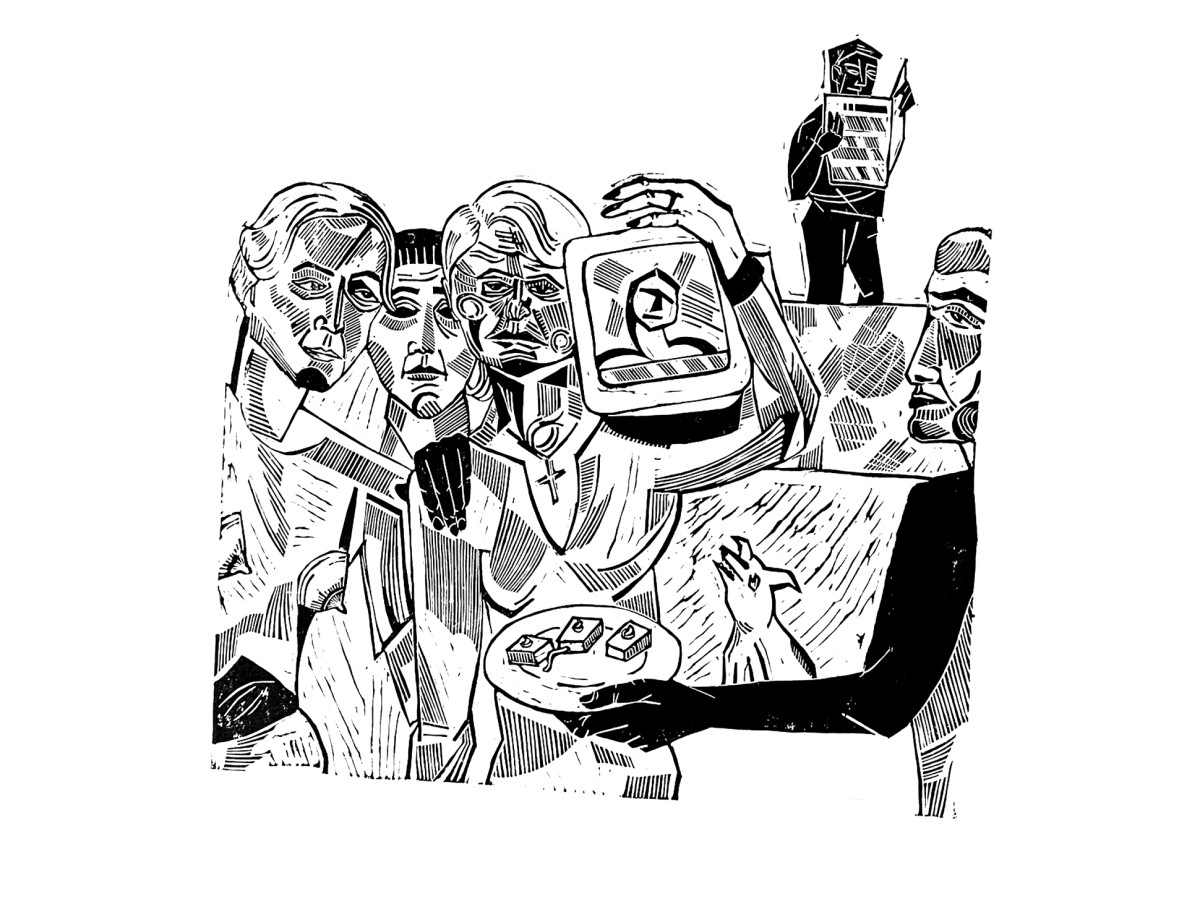 Linocut print Agitator Aunts by Sylwia Zawiślak, Neighbours series, contemporary printmaking