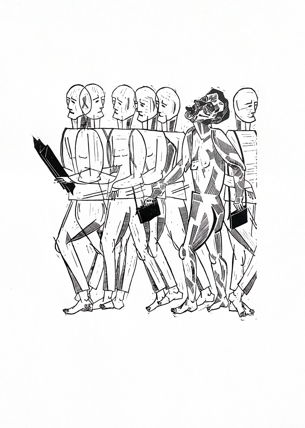 Linocut print We're better than them by Sylwia Zawiślak, Neighbours series, contemporary printmaking