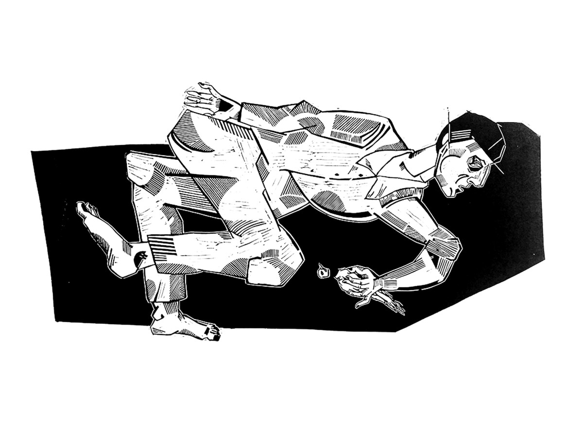Linocut print Trampled desires by Sylwia Zawiślak, Neighbours series, contemporary printmaking
