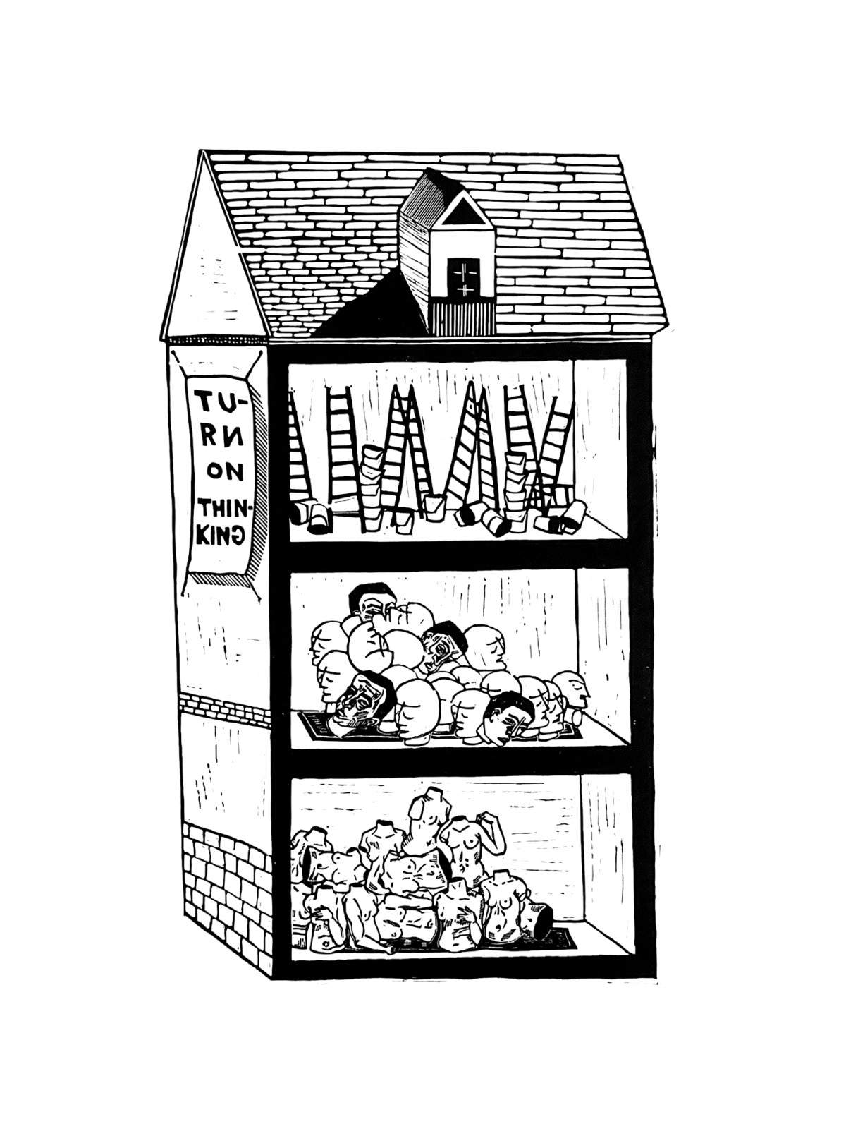 Linocut print House of manipulation by Sylwia Zawiślak, Neighbours series, contemporary printmaking