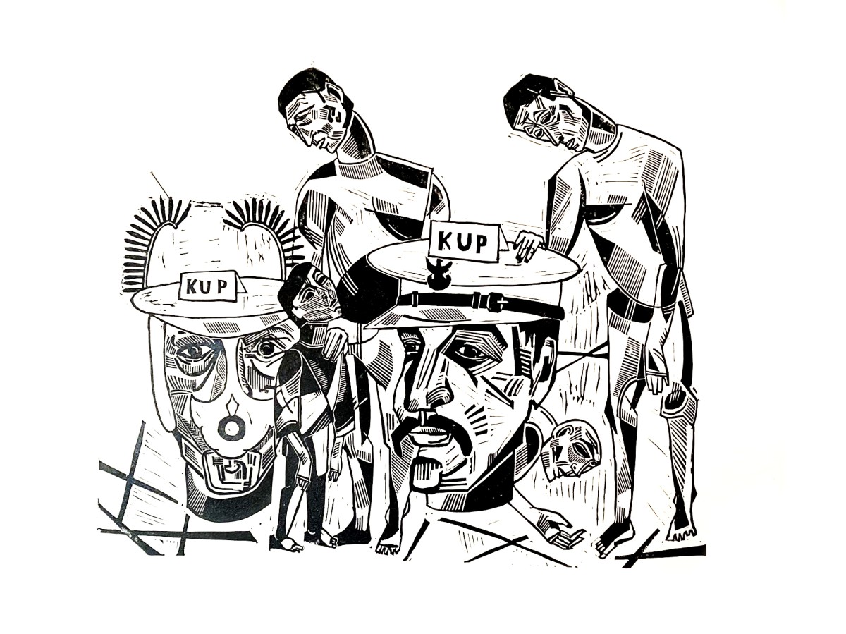 Linocut print Cheap heroes by Sylwia Zawiślak, Neighbours series, contemporary printmaking