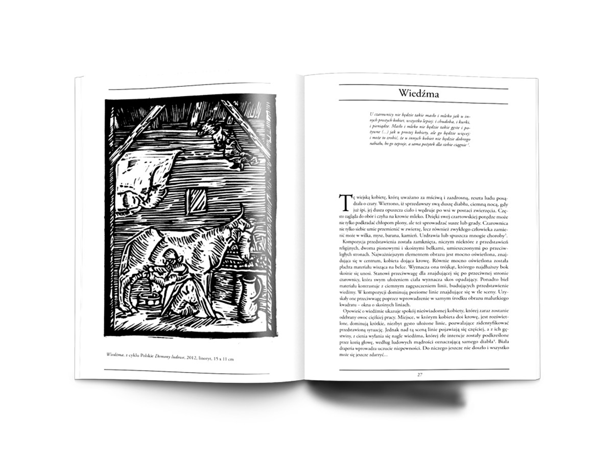 Linocut illustration depicting a demon figure inspired by Polish folk mythology