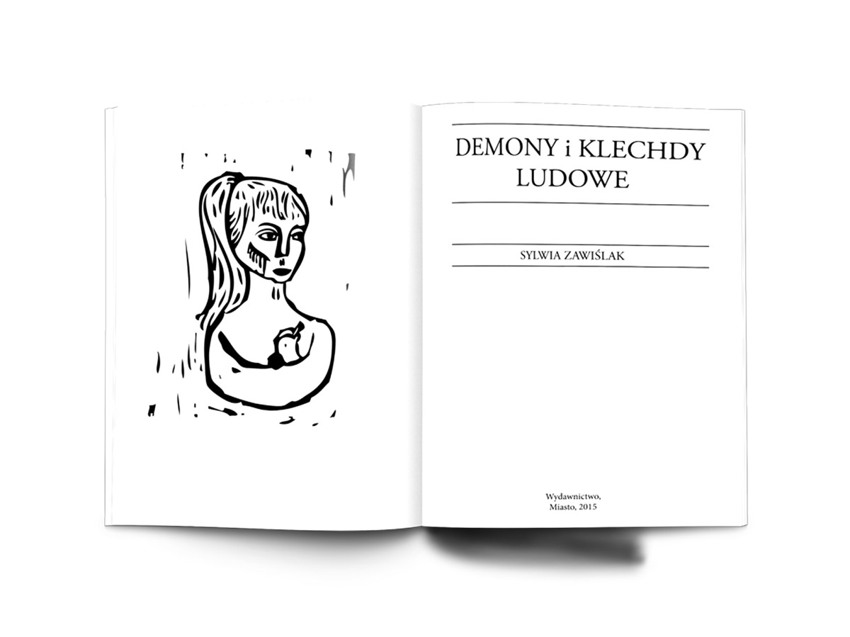 Linocut illustration depicting a demon figure inspired by Polish folk mythology